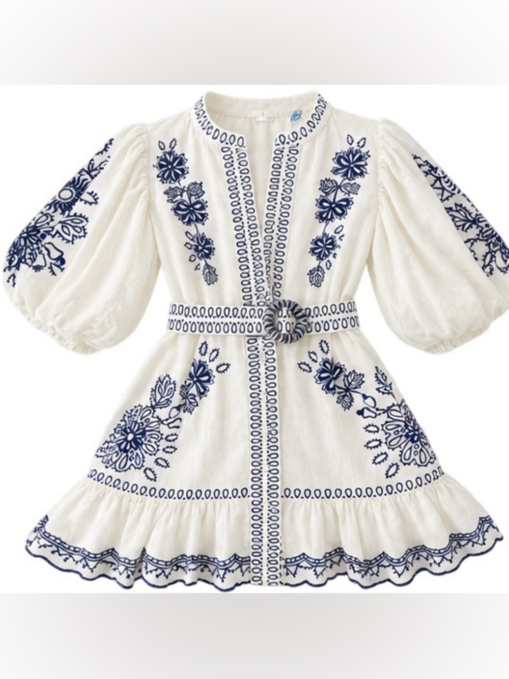 FARM Rio White Navy Embroidered Belted Mini Dress S